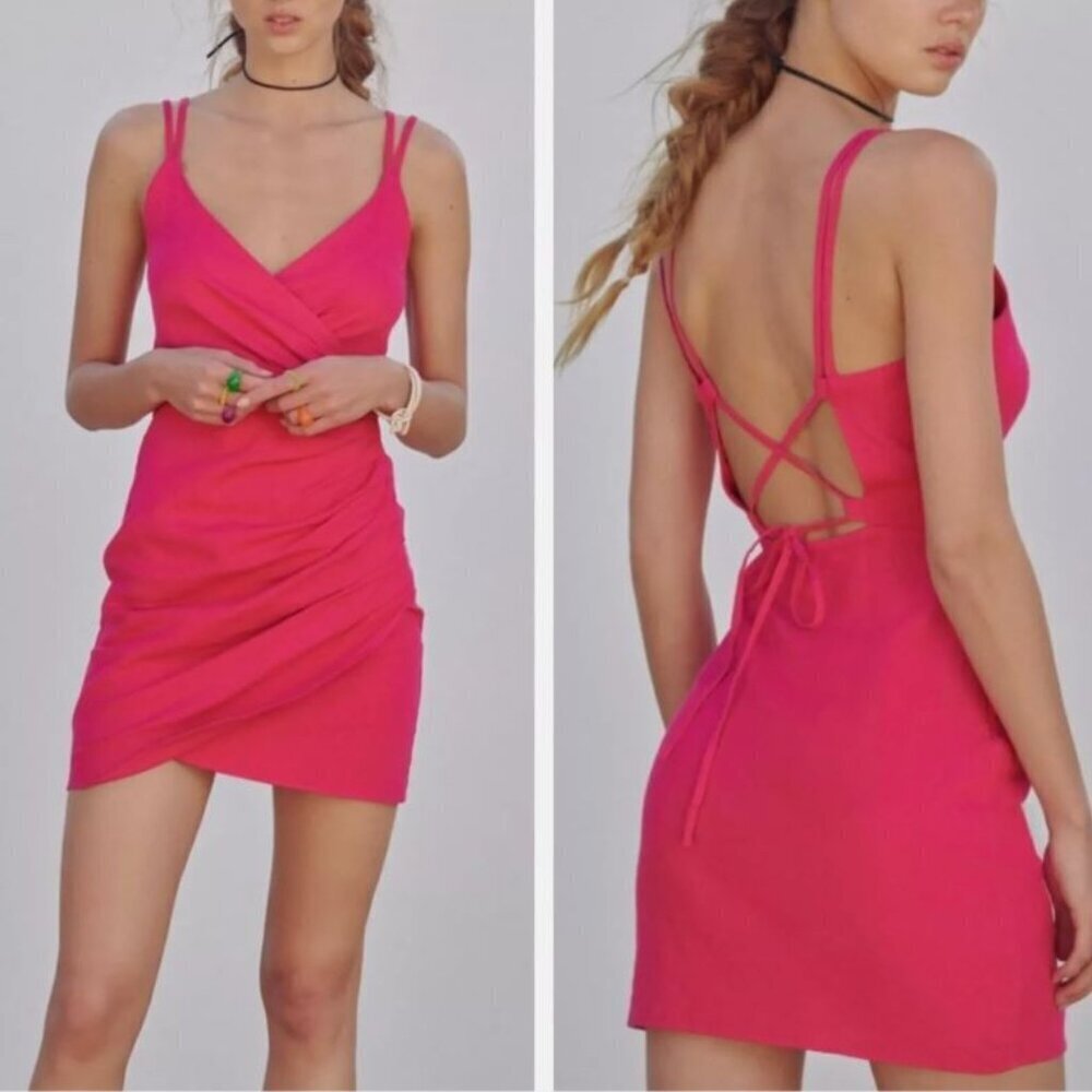 ZARA MINI DRESS WOMENS SIZE S RED SLEEVELESS STRAPS BACK TIE 3275 939 940